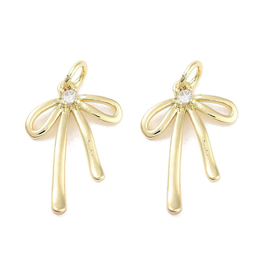 2152 10 Pcs Clear Cubic Zirconia Bowknot Charms Brass Real 18K Gold Plated